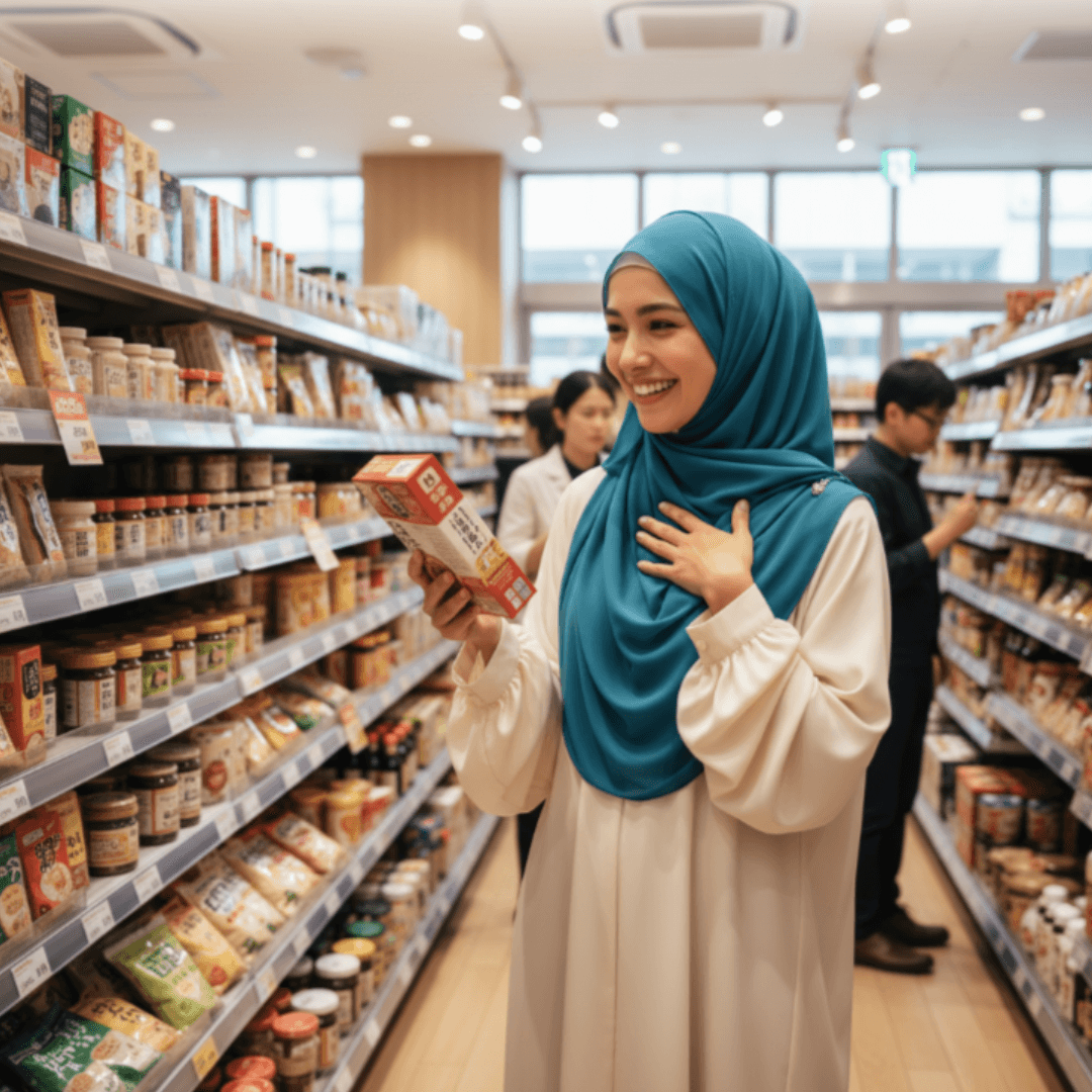 Japanese industry expert and Muslim PhD scholars analyzing food ingredients in a modern laboratory